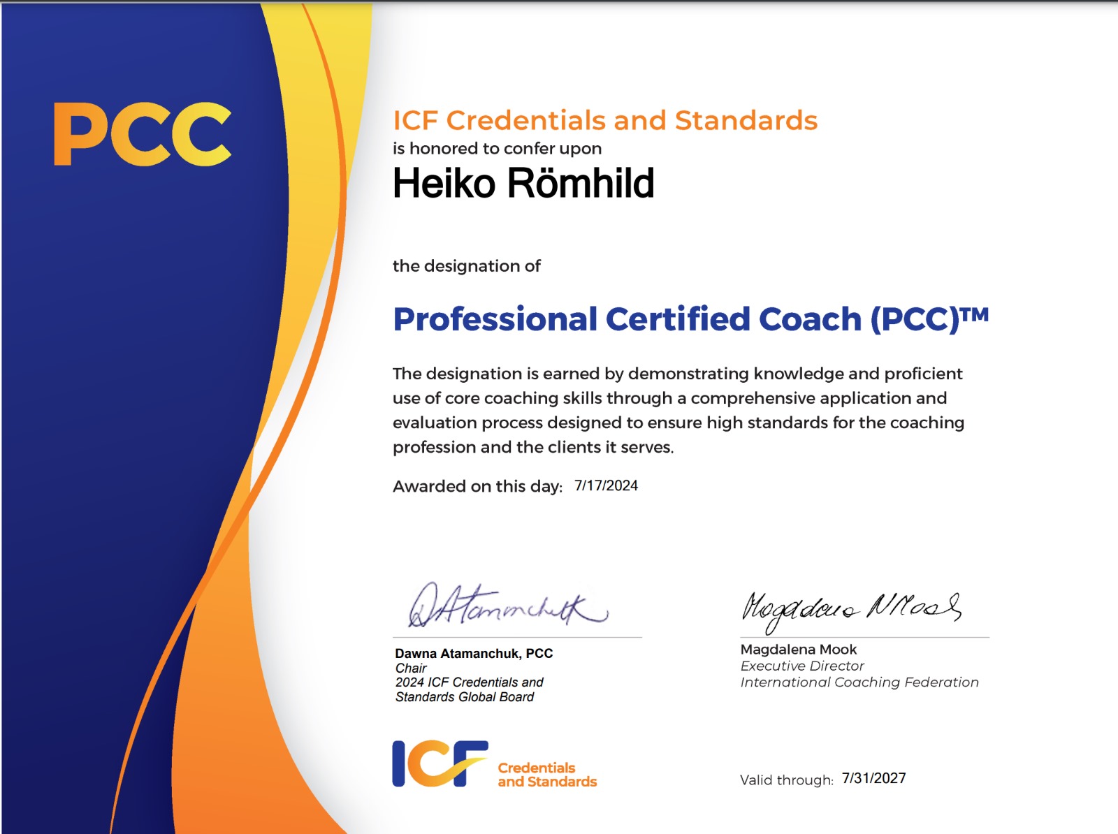ICF Professional Certified Coach (PCC) — Zertifikat Heiko Römhild